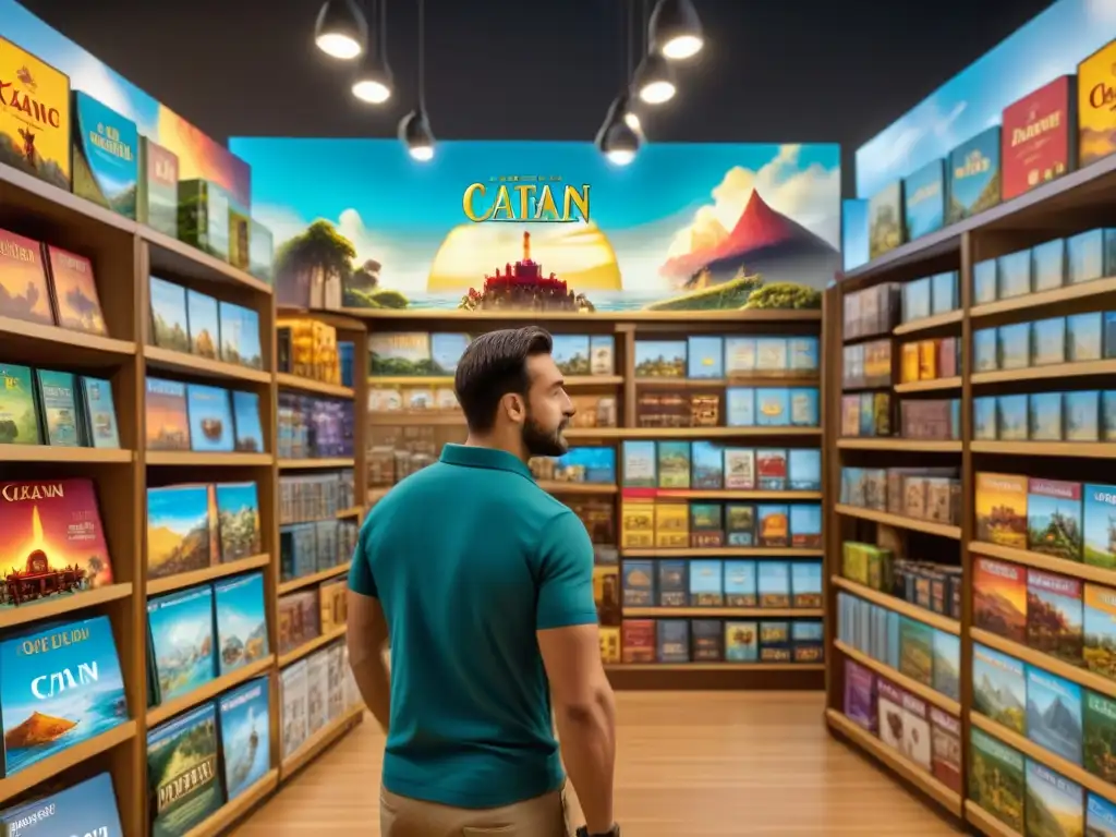 Una tienda abarrotada de juegos de mesa Catan, con clientes de todas las edades explorando los estantes llenos de productos temáticos