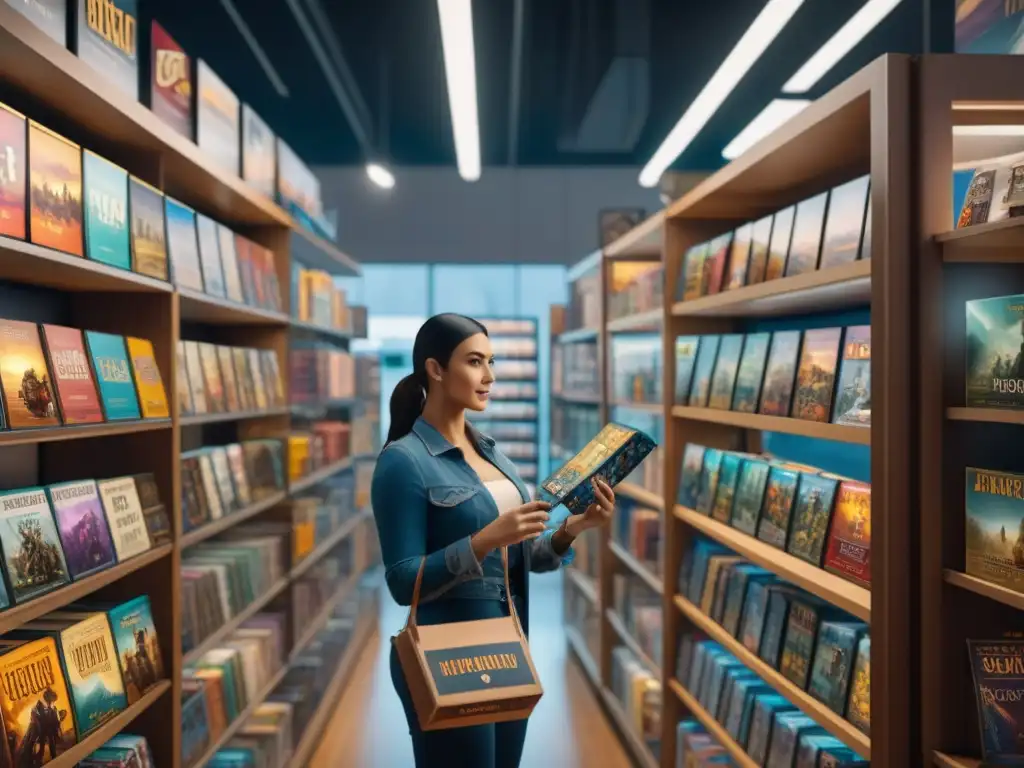 Una tienda de juegos de mesa llena de vida y color con estantes repletos de Ediciones especiales juegos de mesa