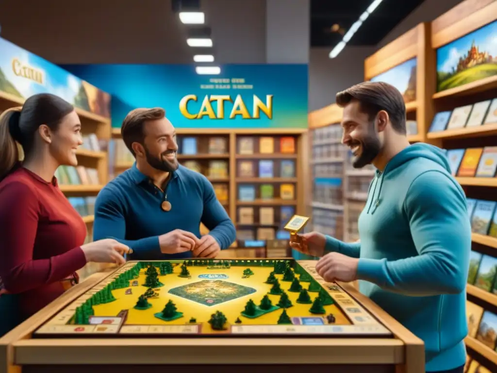 Una tienda de juegos de mesa bulliciosa y colorida, llena de productos relacionados con el popular juego Catan