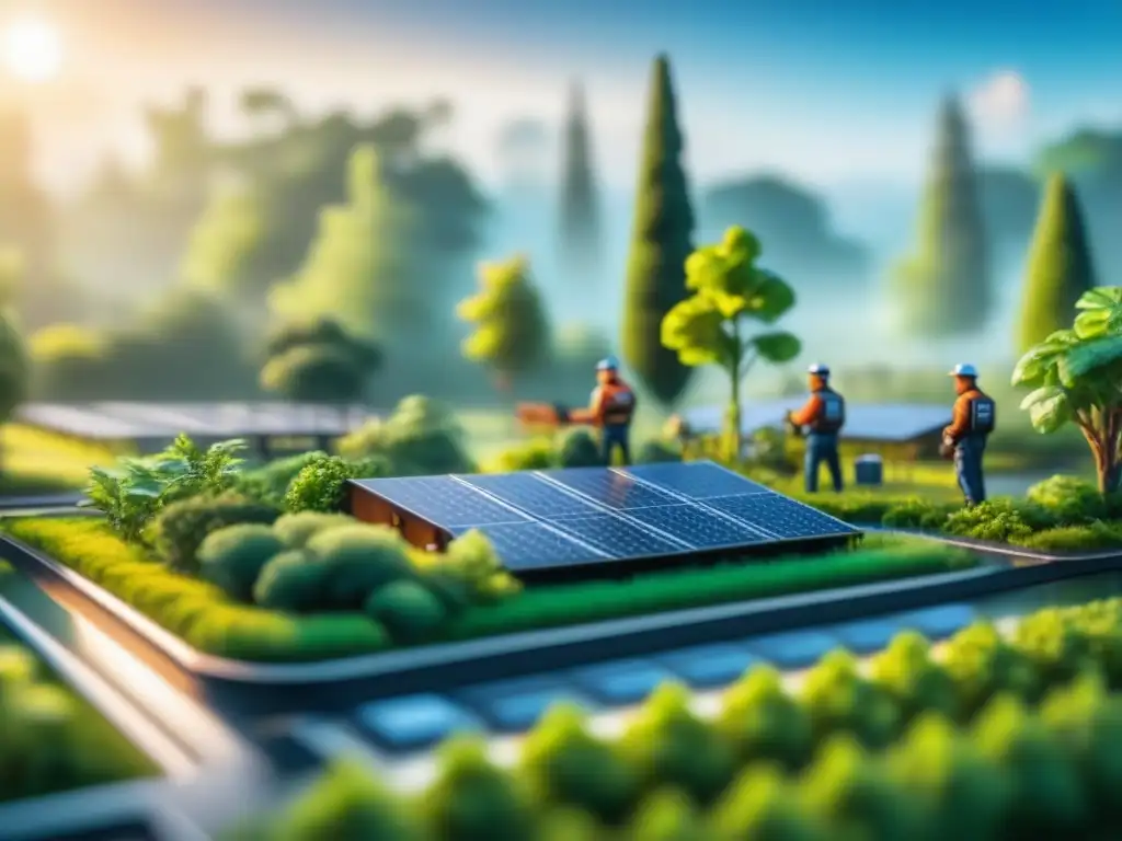 Trabajadores ensamblan juegos ecoamigables en fábrica sostenible rodeada de paneles solares y vegetación exuberante