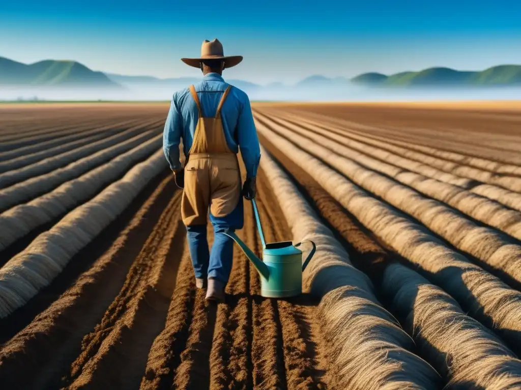 Un valiente agricultor optimiza estrategias en un paisaje árido, destacando la importancia de recursos escasos en la agricultura