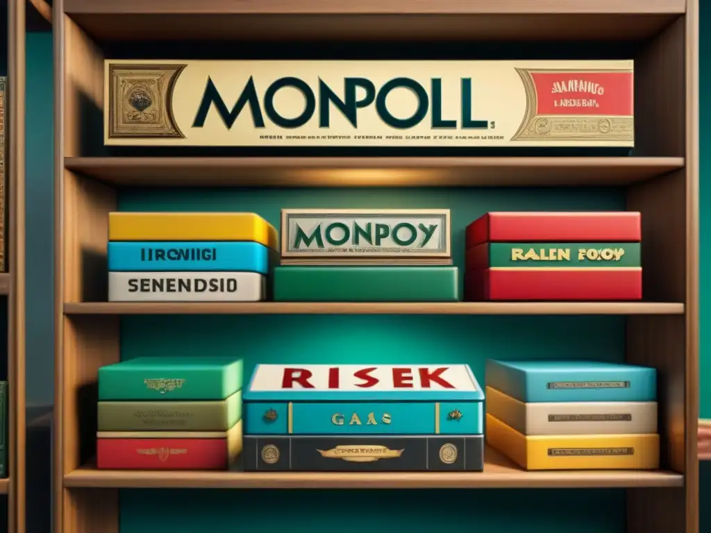 Valiosas colecciones de juegos de mesa vintage en estantes de madera, con títulos como Monopoly, Risk y Clue