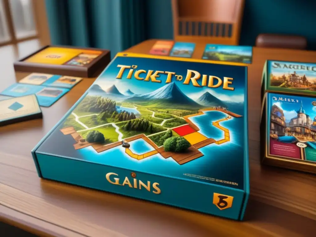 Variados juegos de mesa como Ticket to Ride, Carcassonne y Pandemic en mesa de madera