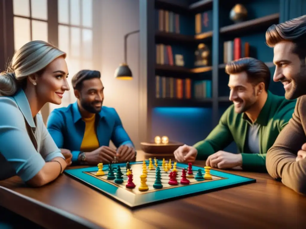 Una velada con amigos disfrutando de Juegos de mesa para desconectar en una habitación acogedora y cálidamente iluminada