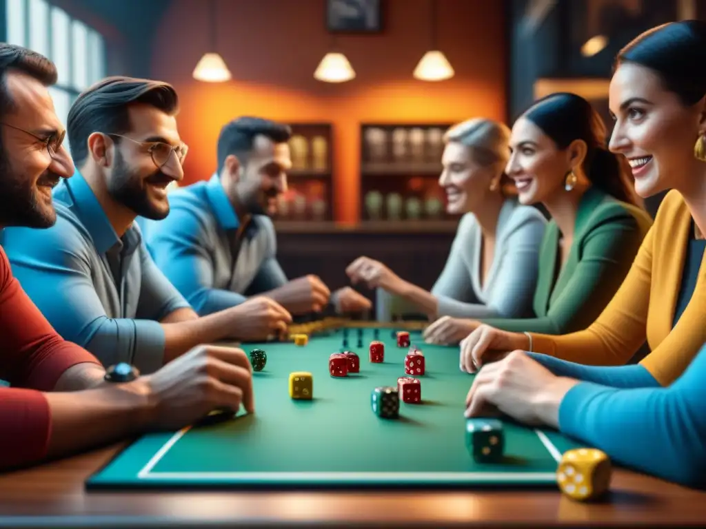 Un vibrante boom económico en un café de juegos de mesa, con jugadores de todas las edades y fondos disfrutando de la diversión y camaradería