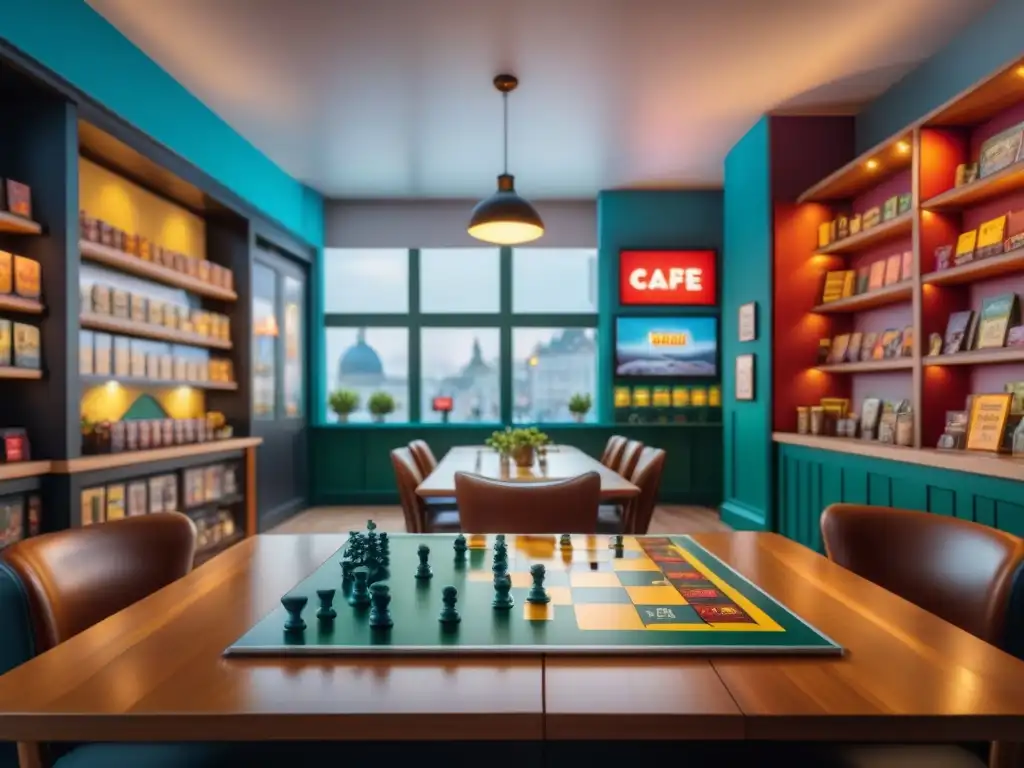 Un vibrante café en Londres, cálido y acogedor, lleno de gente disfrutando de juegos de mesa