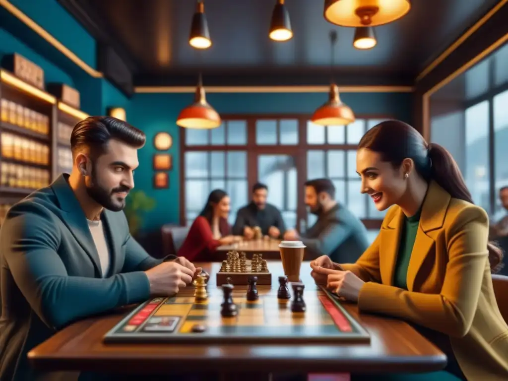 Vibrante cafe con juegos de mesa para cafe, ambiente acogedor e intelectualmente estimulante