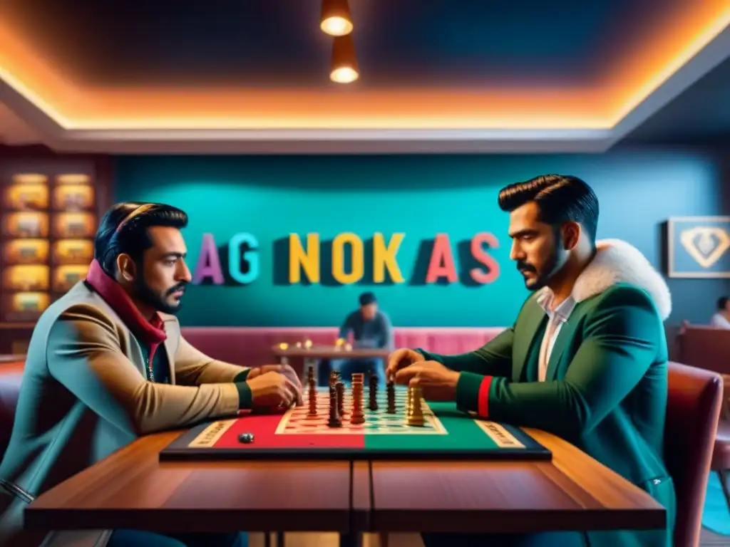 Un vibrante café de juegos de mesa en la Ciudad de México, con grupos diversos disfrutando intensas partidas