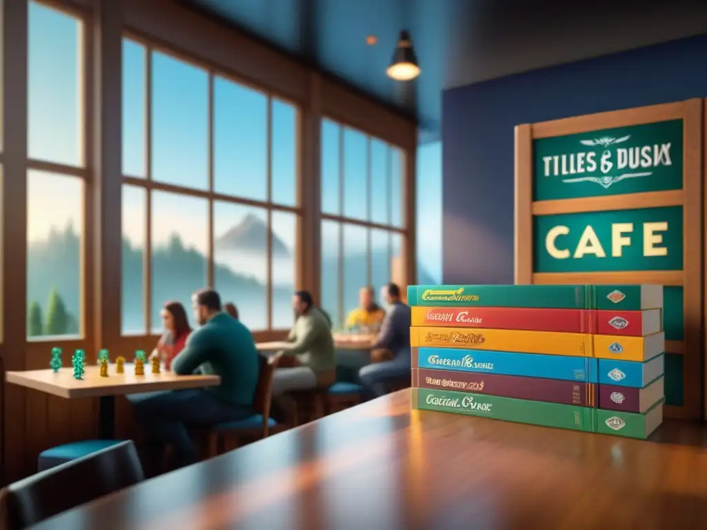 Un vibrante café de juegos de mesa con diversidad de personas disfrutando de juegos como Catan y Ticket to Ride