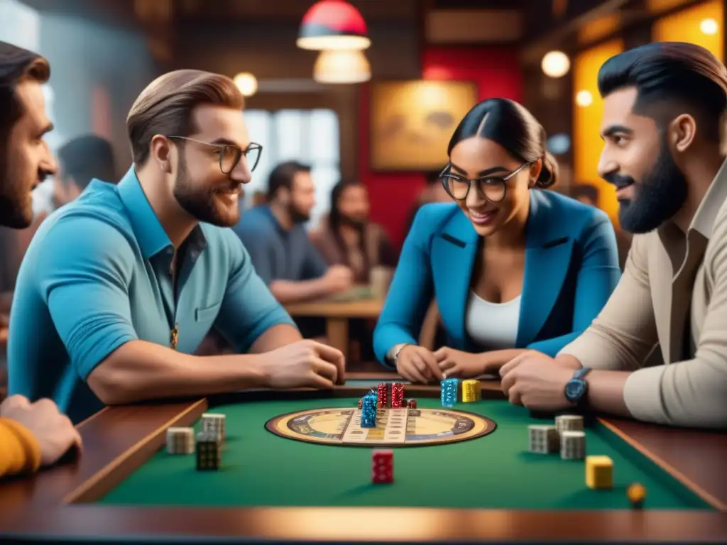 Vibrante café de juegos de mesa con diversidad de personas disfrutando intensamente