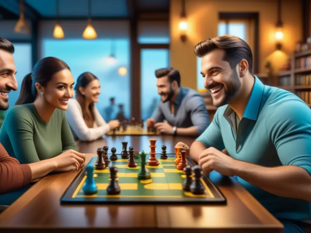 Vibrante café de juegos de mesa con diversidad de jugadores disfrutando, resaltando eventos juegos mesa rentables