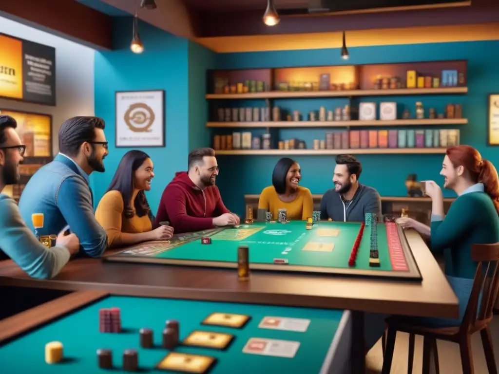 Un vibrante café de juegos de mesa con diversidad de personas disfrutando de los mejores géneros juegos mesa rentables