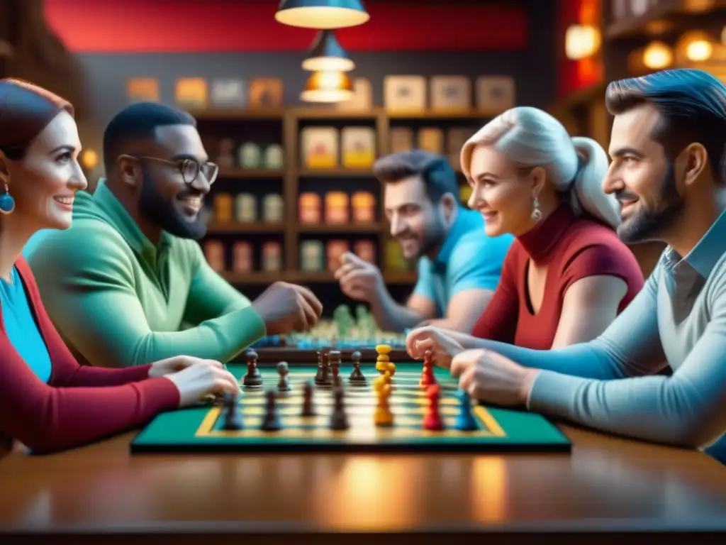 Un vibrante café de juegos de mesa, con entusiastas de todas las edades compitiendo amistosamente