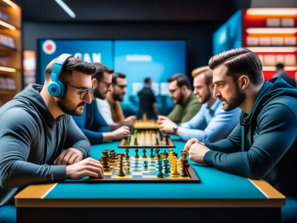 Un vibrante café de juegos de mesa en Essen, Alemania, durante la feria internacional, con jugadores inmersos en partidas estratégicas rodeados de juegos coloridos de todo el mundo