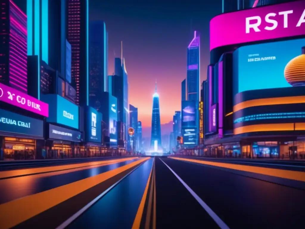 Vibrante ciudad virtual de noche con rascacielos iluminados por luces de neón y redes de transporte futuristas