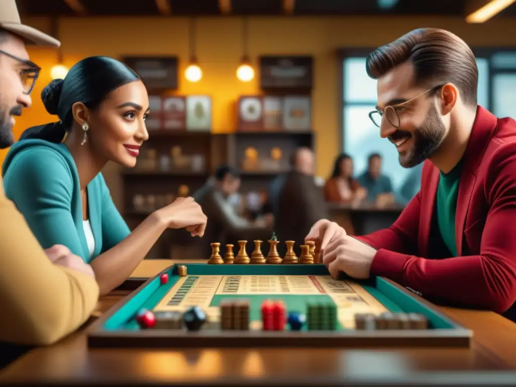 Un vibrante encuentro de amigos disfrutando de juegos de mesa subestimados en una acogedora cafetería