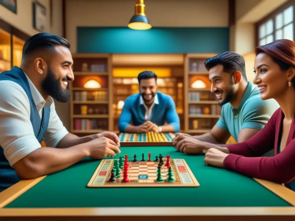 Un vibrante encuentro de culturas y edades disfrutando juntos en una café de juegos de mesa, reflejando la historia y fama mundial de estos