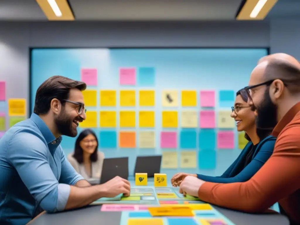 Un vibrante encuentro de diseñadores de juegos de mesa, colaborando apasionadamente en una sala llena de prototipos y creatividad