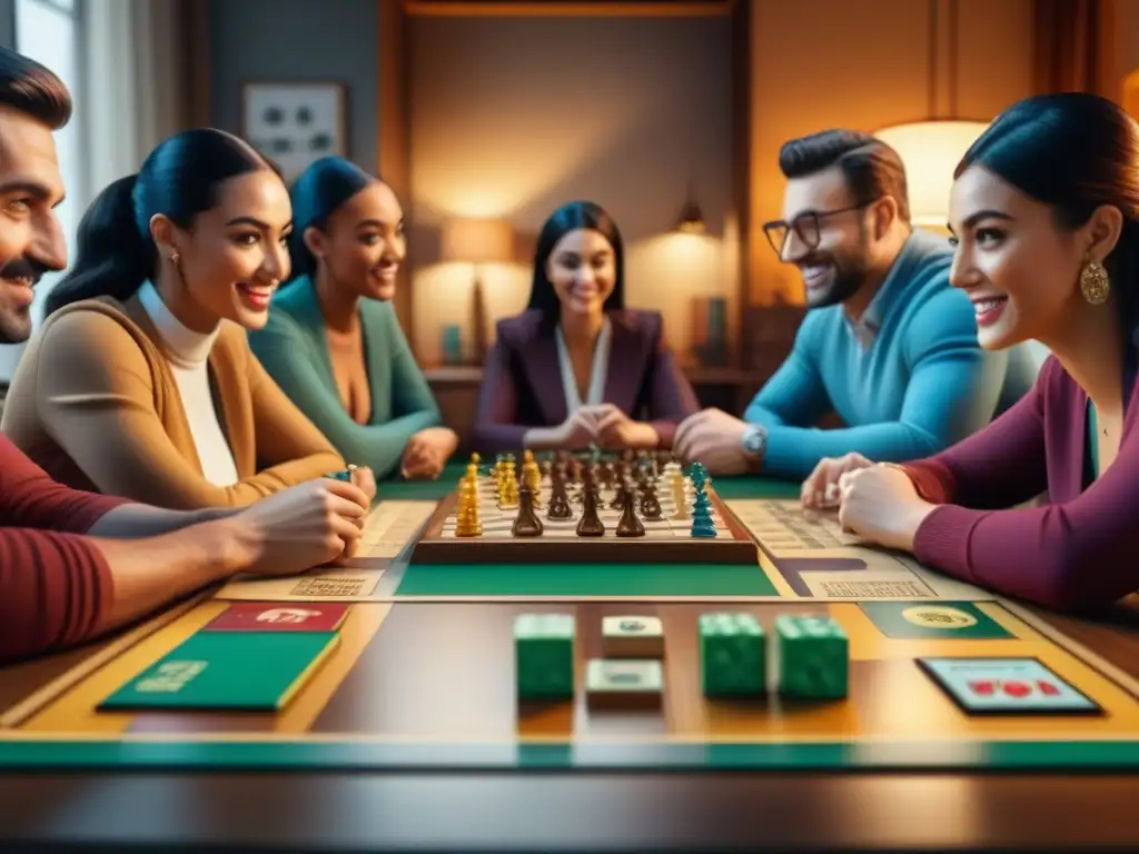 Una vibrante escena de amigos disfrutando de juegos de mesa, reflejando diversión y concentración