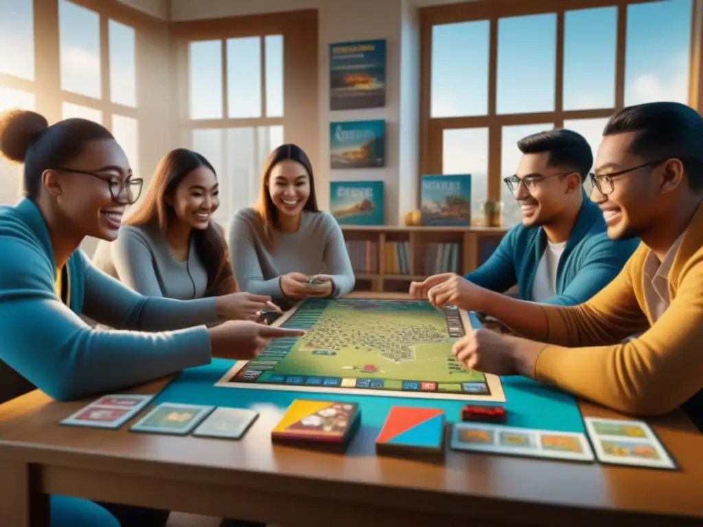 Vibrante escena de aprendizaje con juegos de mesa educativos: estudiantes de diversas edades y etnias disfrutan y aprenden idiomas juntos