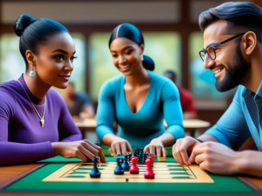 Vibrante escena de comunidades disfrutando de juegos de mesa estratégicos en un centro comunitario