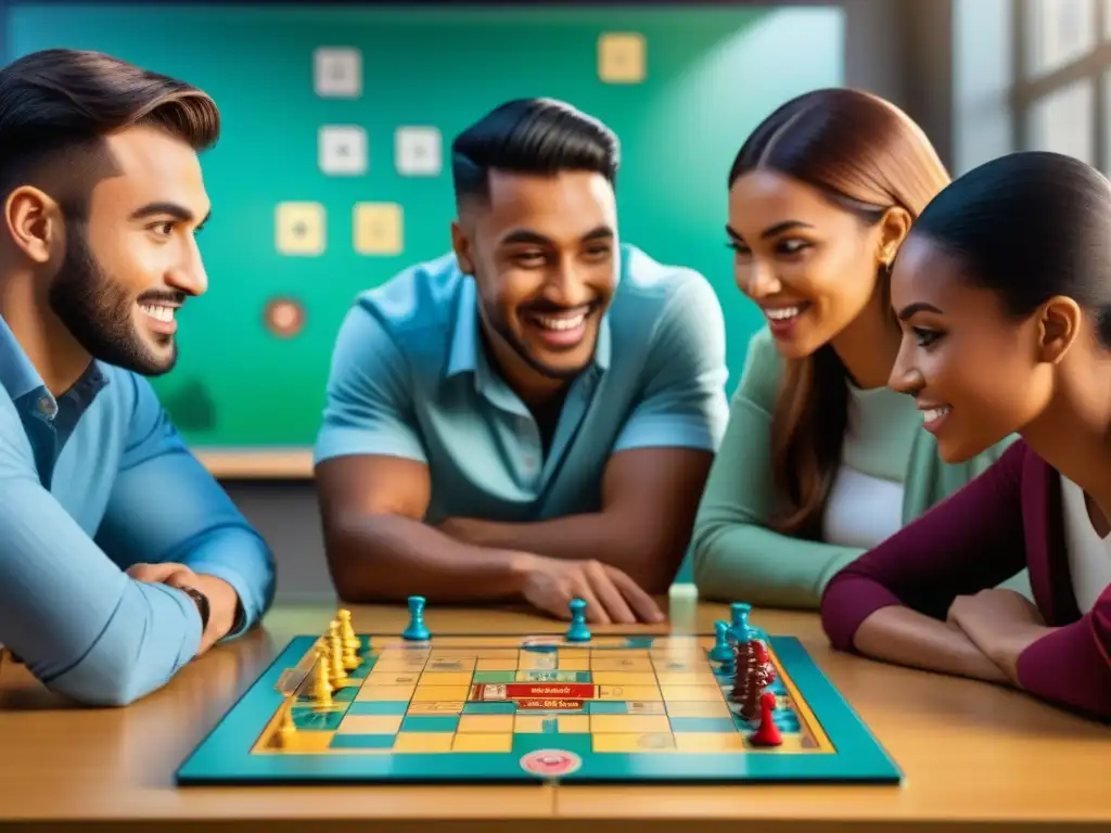 Vibrante escena de estudiantes diversos disfrutando de juegos de mesa en educación en una aula moderna