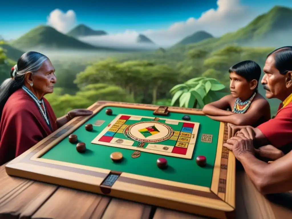 Vibrante escena de Juegos de mesa indígenas americanos con ancianos y niños, rodeados de naturaleza y cabañas tradicionales