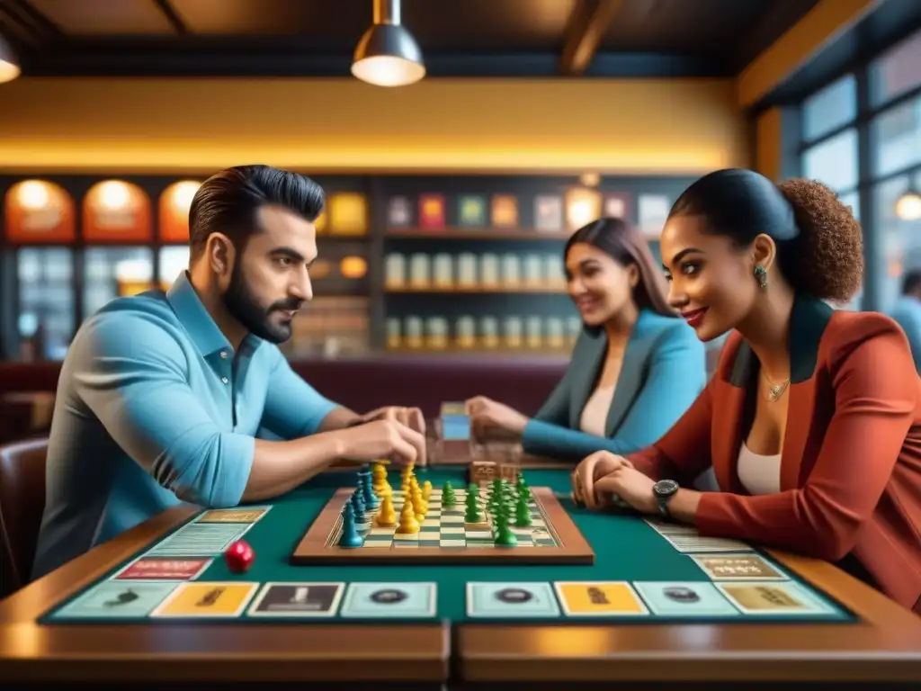 Un vibrante escenario en un café de juegos de mesa moderno, con personas concentradas en los mejores géneros de juegos de mesa rentables