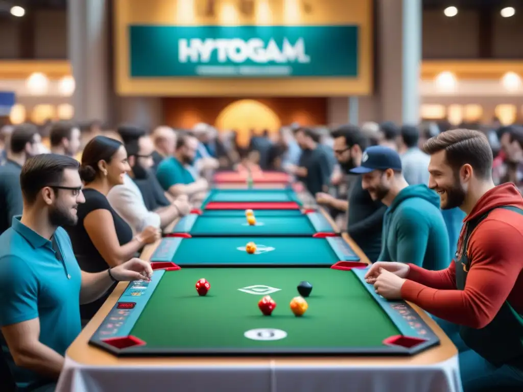 Vibrante evento de lanzamiento de juegos de mesa en un centro de convenciones, con jugadores entusiastas disfrutando partidas estratégicas