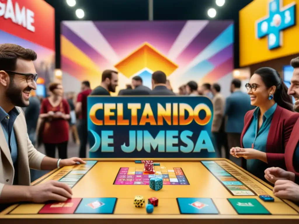 Vibrante evento de lanzamiento de juegos de mesa con jugadores entusiasmados y coloridos stands de juegos