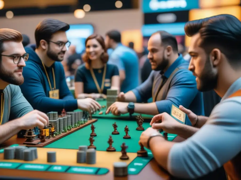 Un vibrante evento de juegos de mesa con patrocinio, jugadores entusiastas disfrutando de estrategias y batallas emocionantes