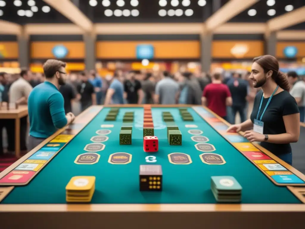 Vibrante feria de juegos de mesa novedades con jugadores entusiastas y diversidad de juegos en un centro de convenciones