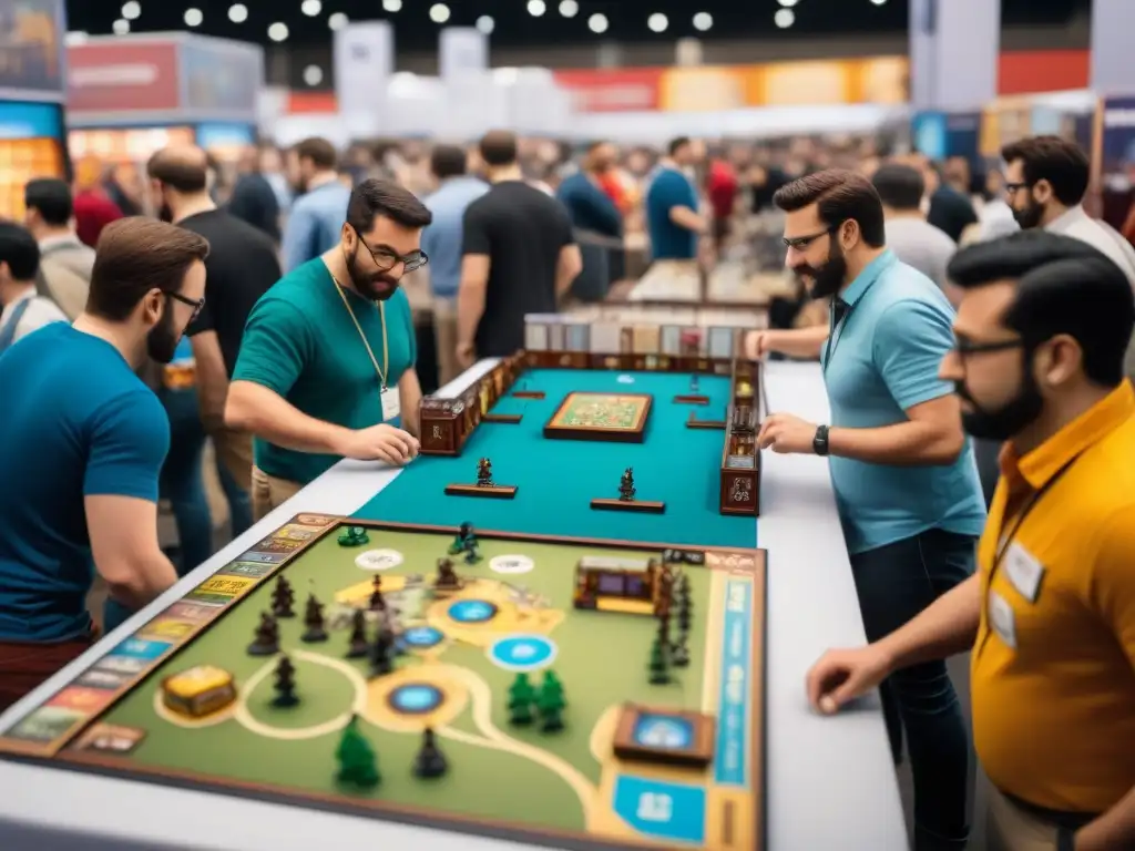 Un vibrante festival de juegos de mesa con entusiastas y vendedores en un centro de convenciones