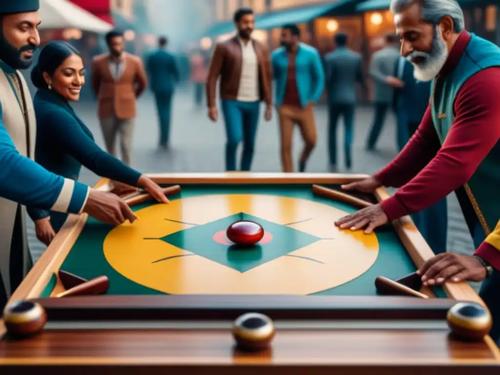 Juego de Carrom: Diversidad y Alegría en la Plaza El vibrante juego del Carrom une a personas de todas las edades y culturas en una plaza urbana