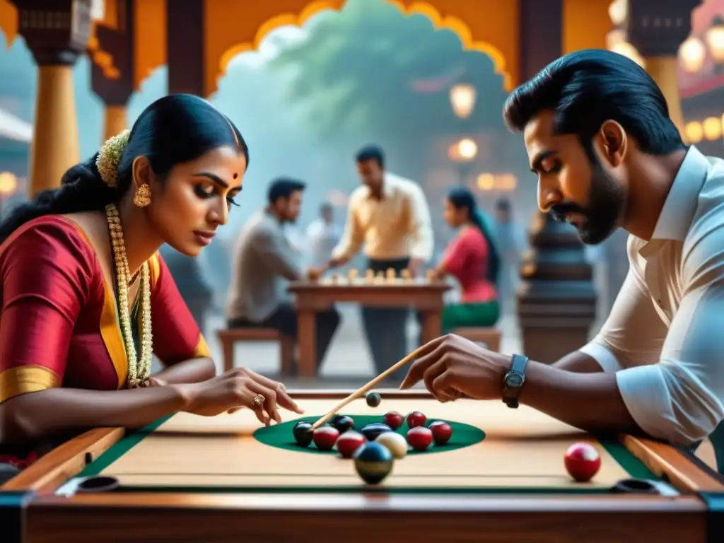 Juego de Carrom: Diversidad y Camaradería en la Plaza Un vibrante juego de Carrom reúne a personas de diversas culturas en una plaza de ciudad, destacando el auge mundial del Carrom