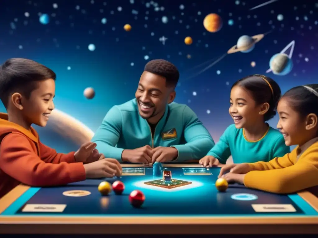 Un vibrante juego de mesa espacial infantil con niños de diversas etnias concentrados y emocionados, rodeados de elementos educativos