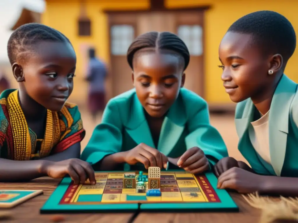 Un vibrante juego de mesa en África: niños de distintos países disfrutan en un mercado colorido, mostrando alegría y colaboración