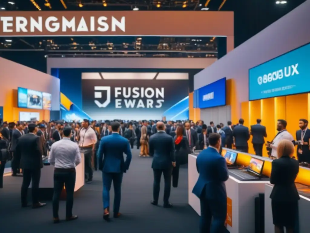 Convención de Juegos: Fusión de entusiasmo y networking empresarial Vibrante convención de juegos: asistentes interactúan con stands y profesionales de negocios discuten estrategias patrocinio eventos juegos