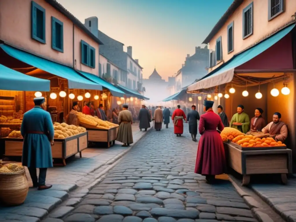 Vibrante mercado antiguo con comerciantes, edificios históricos y actividades económicas