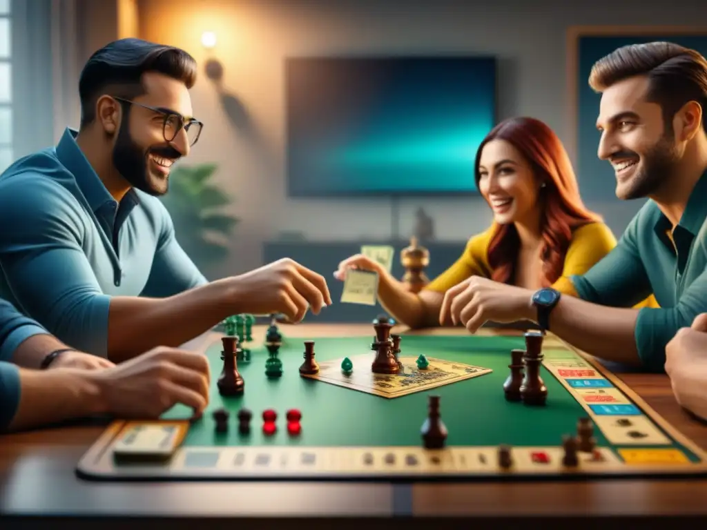 Una vibrante sesión de juegos de mesa entre amigos, destacando la influencia del streaming en juegos de mesa