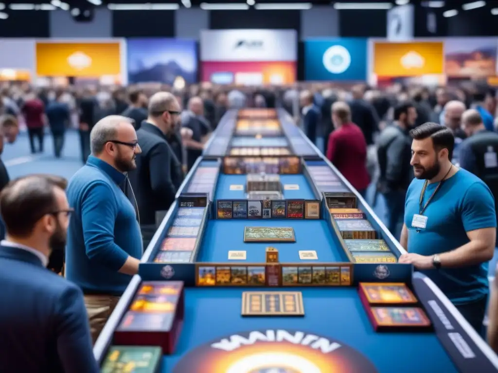 Vibrante convención de juegos de mesa en Essen Spiel, con entusiastas explorando y jugando