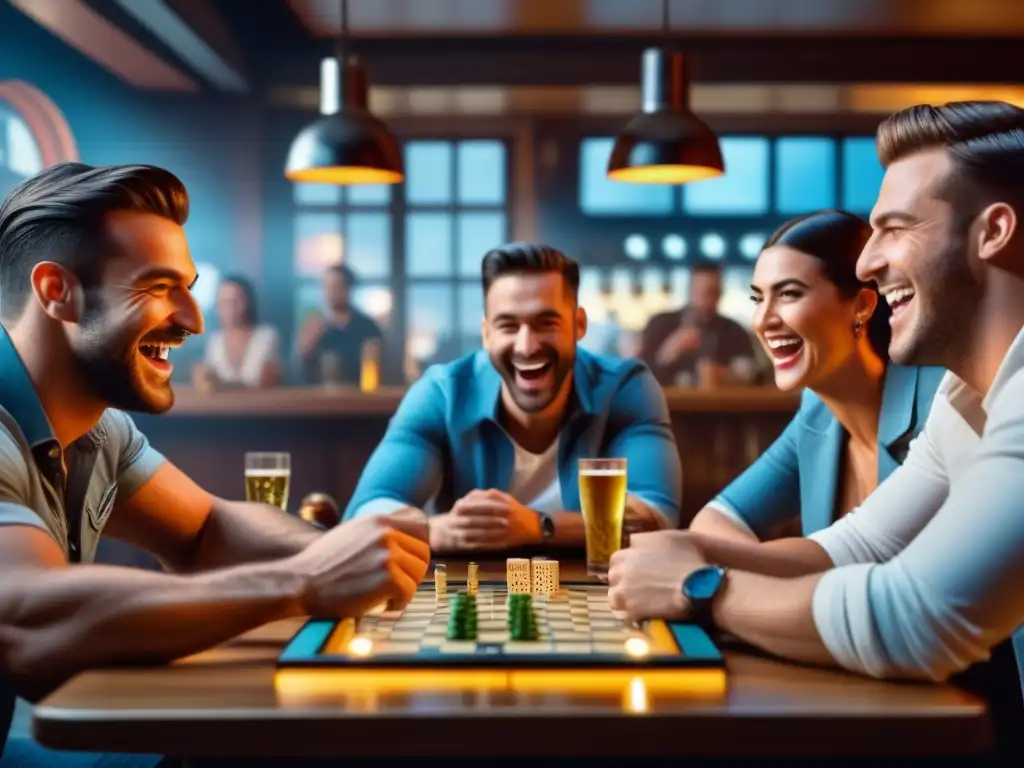 Una vibrante noche de juegos en bar: amigos riendo y chocando las manos en un competitivo juego de mesa