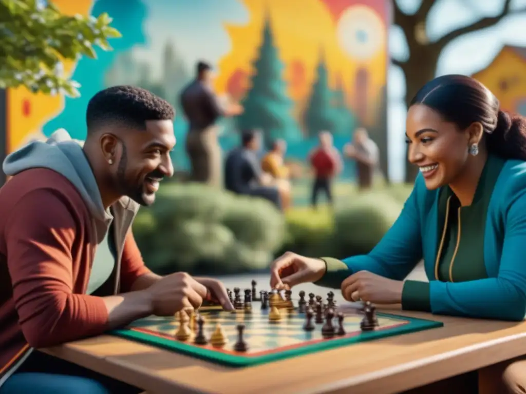 Un vibrante parque comunitario donde la diversidad se une en juegos de mesa, transformando barrios