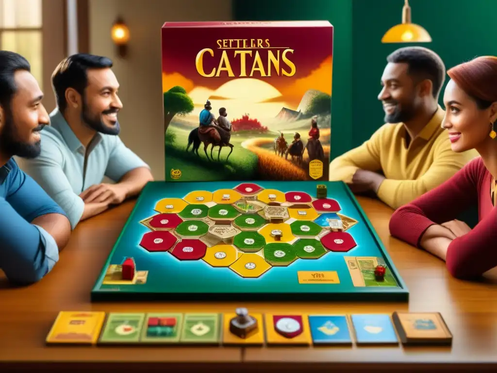 Una vibrante partida de 'The Settlers of Catan' entre amigos de distintas edades y etnias, rodeados de la saga libros 'The Settlers of Catan'