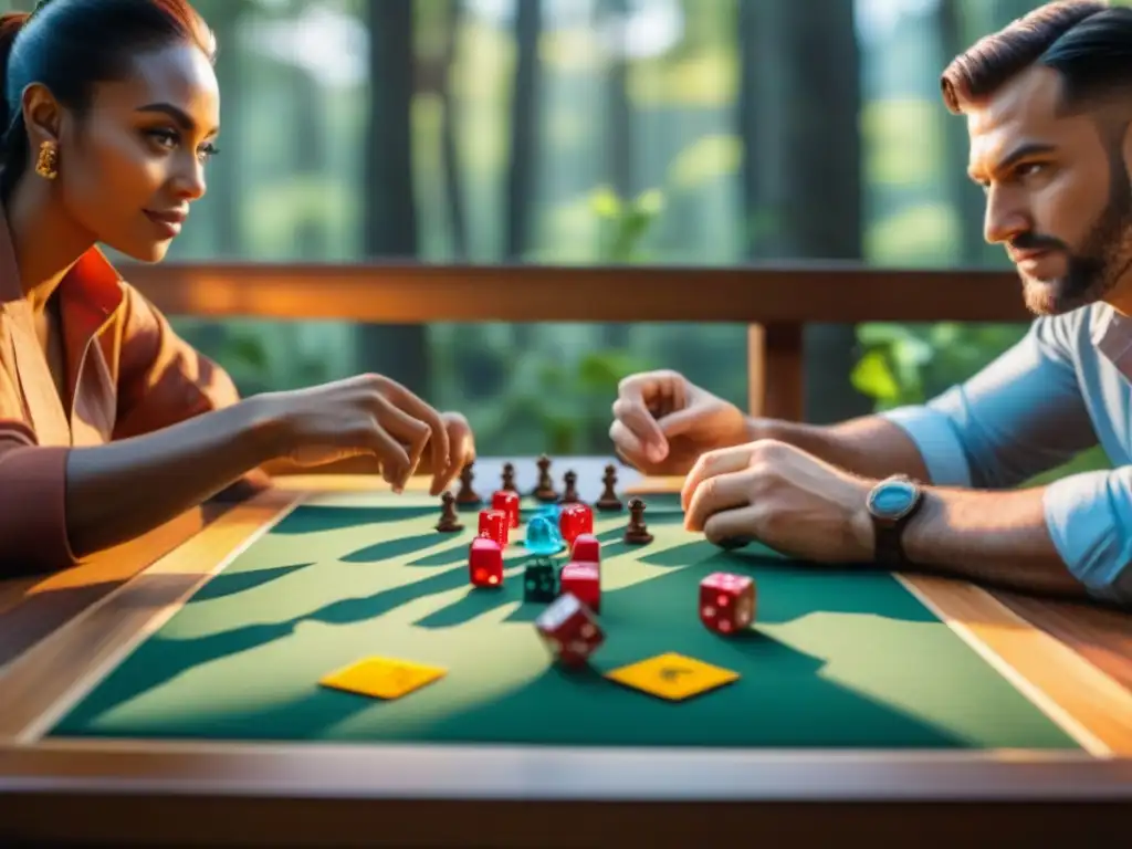 Vibrante retiro de juegos de mesa al aire libre, con jugadores inmersos en intensas partidas estratégicas bajo la luz del sol