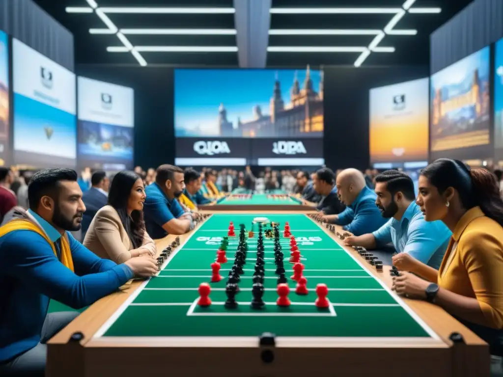 Vibrante sala de convenciones con juego estratégico en la Copa Mundial de Juegos de Estrategia