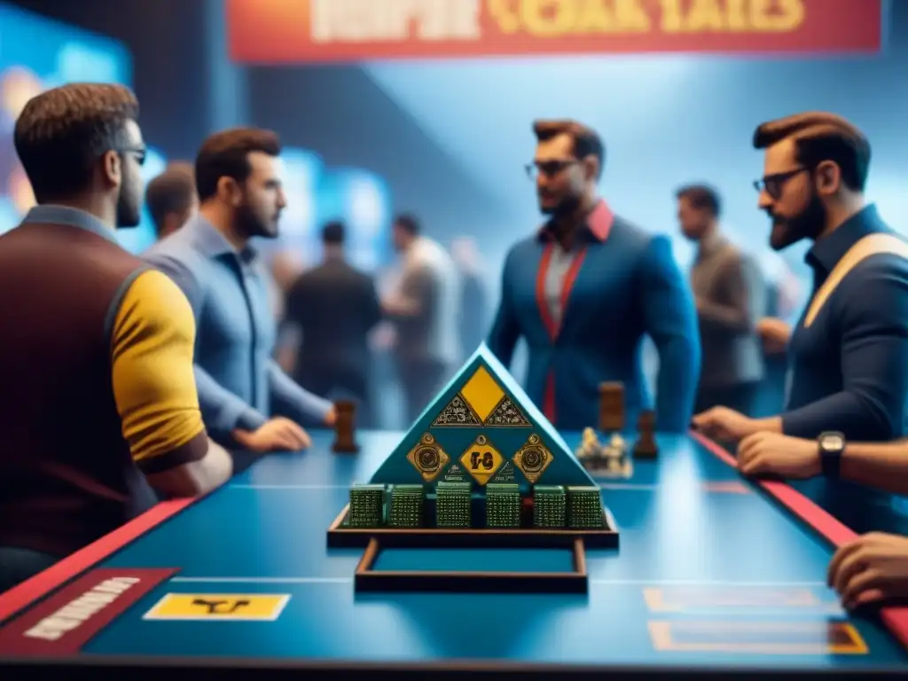 Convención de juegos de mesa: diversidad y emoción en Kickstarter Un vibrante salón de convenciones de juegos de mesa, con coloridos stands de editoriales, asistentes entusiastas y banderas internacionales