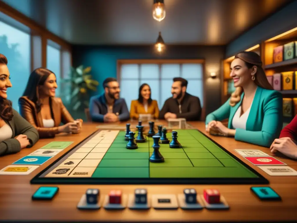 Influencers de juegos de mesa disfrutan con pasión Una vibrante selección de influencers de juego de mesa auténticos disfrutando con pasión en una acogedora sala de juegos iluminada