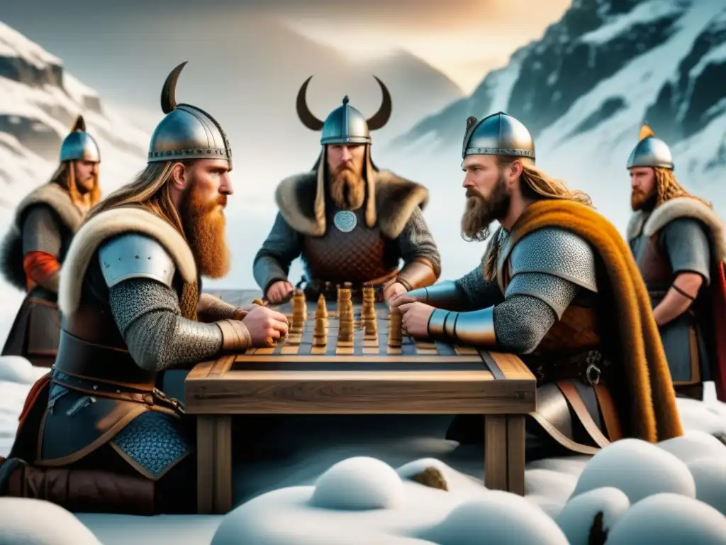 Vikingos jugando Hnefatafl en paisaje nórdico nevado