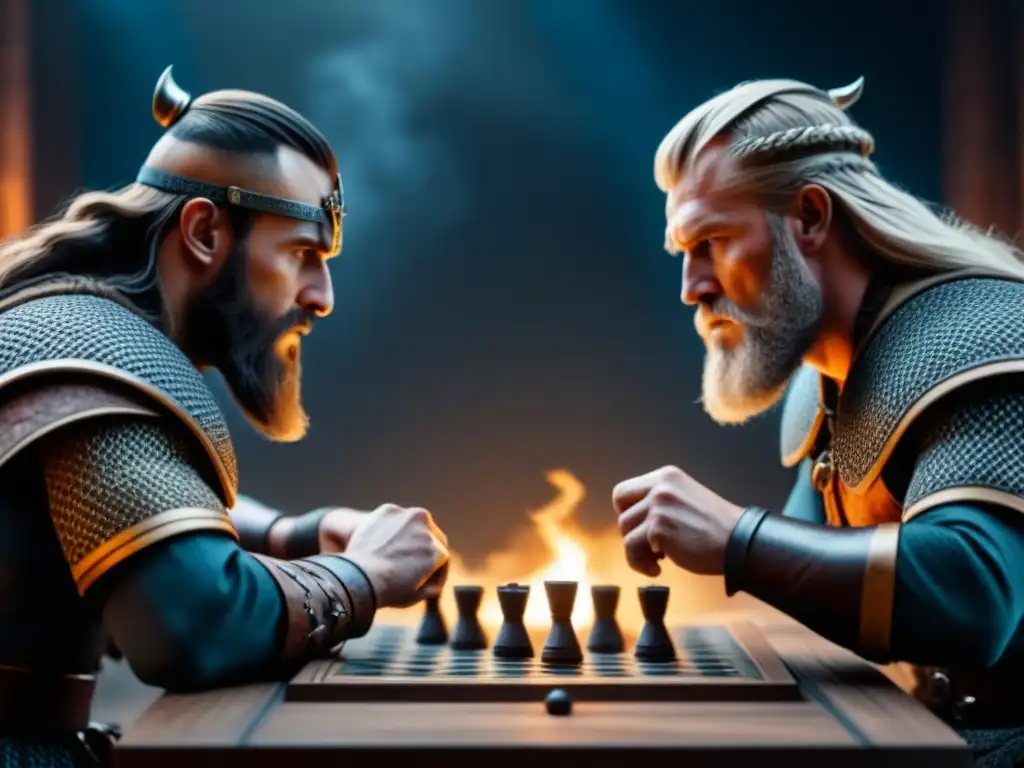 Vikingos disputando Hnefatafl en sala sombría con intensa estrategia